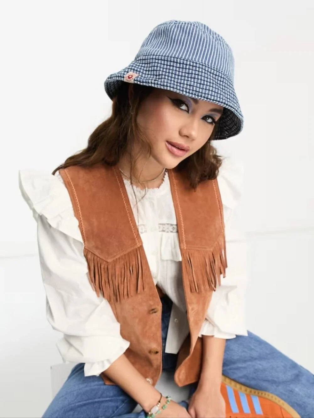 Damson Madder Cotton Washed Denim Stripe Bucket Hat
